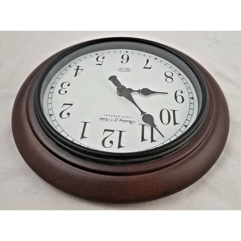 Sterling & Noble Round Wall Clock 12” Dark Walnut Frame Metal Case Excellent